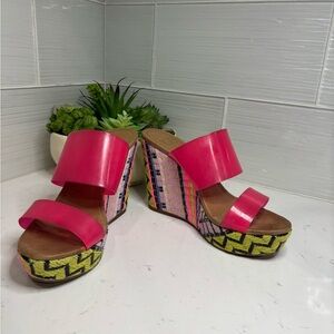 Gianni Bini Neon Pink & Woven Multi-Color Platform Wedge Sandals